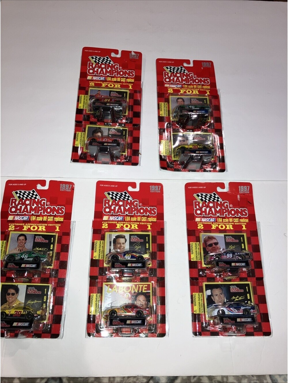 LOT OF 5 VINTAGE 1997 NASCAR Racing Champions 2 for 1 Packs 1/64 Die Cast NEW